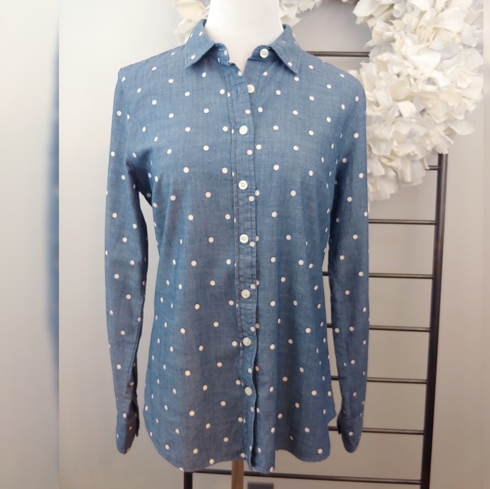 J Crew Perfect Shirt Chambray Polka Dot